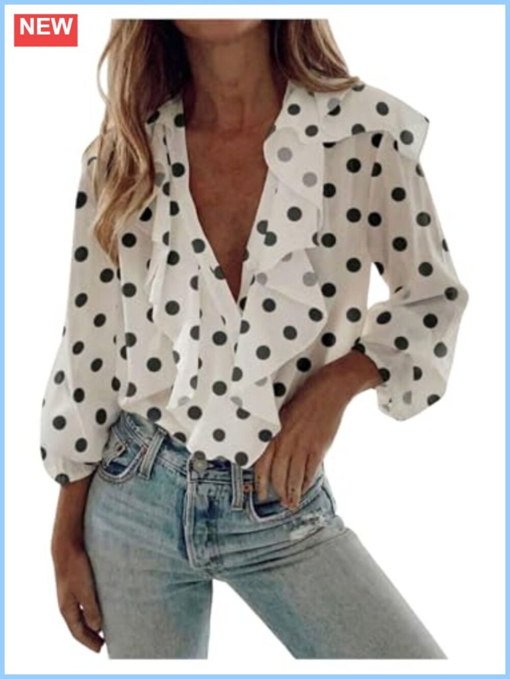 Sheer Mesh Polka Dots Blouse Bishop Long Sleeve Ruffle V-Neck Top